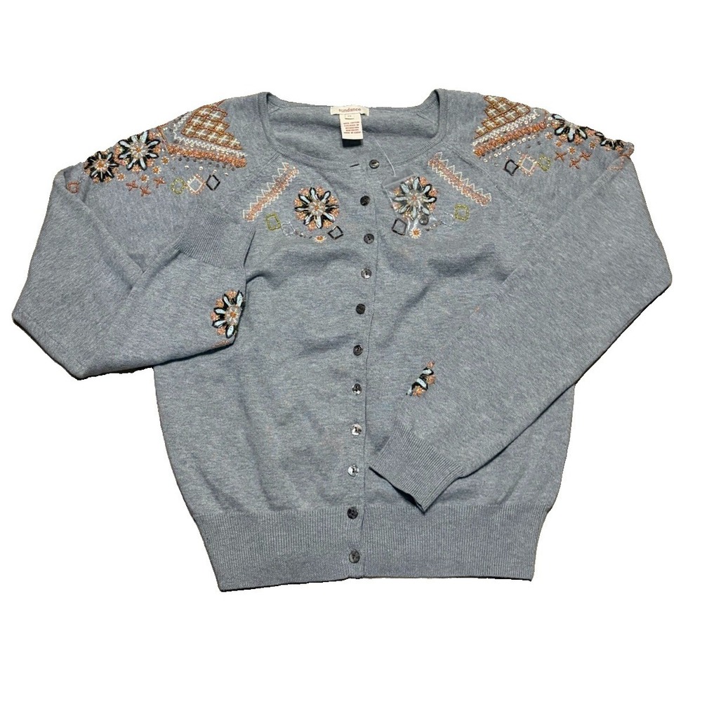 NWT Sundance Womens M Beaded Floral Cotton Button Cardigan Gray Boho Cottage